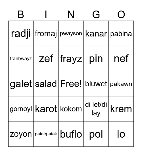 Michif French Bingo Card