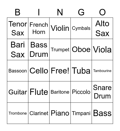 Instrument Bingo Card