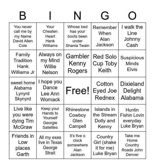 Classic Country Bingo Card