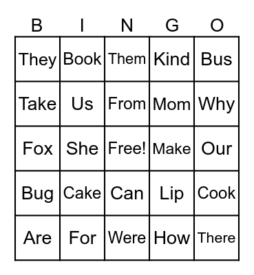 Sight Words Bingo Card