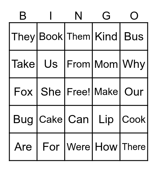 Sight Words Bingo Card
