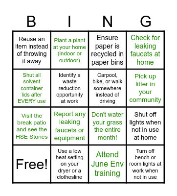 June Environmental Month Bingo Card