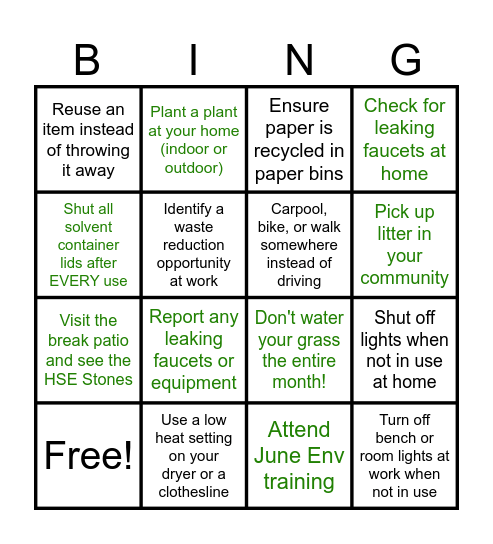 June Environmental Month Bingo Card