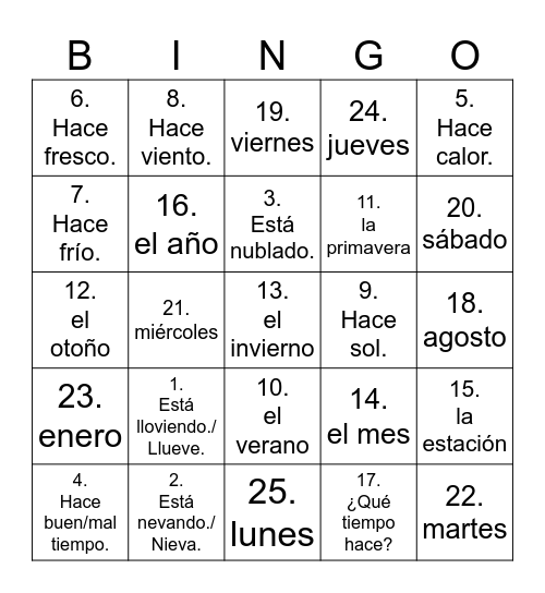 Calendar: Seasons & Weather Bingo Card