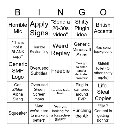 Content Creator SMPS Applications Bingo Card