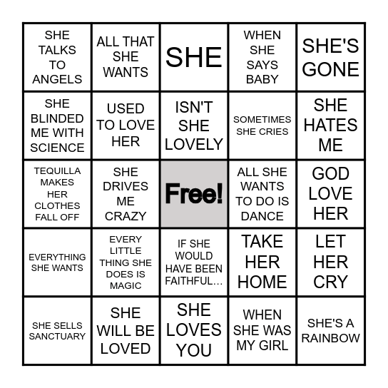 SHE/HER MUSIC Bingo Card