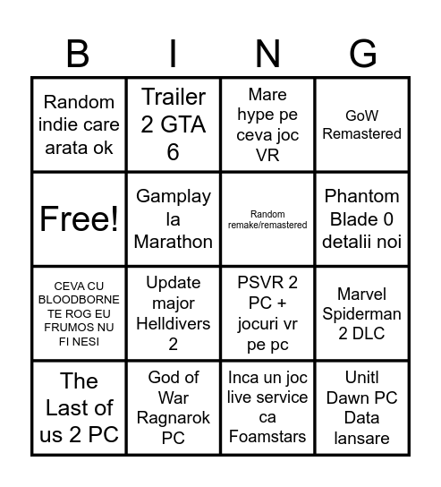 State of play PS Bingo Card