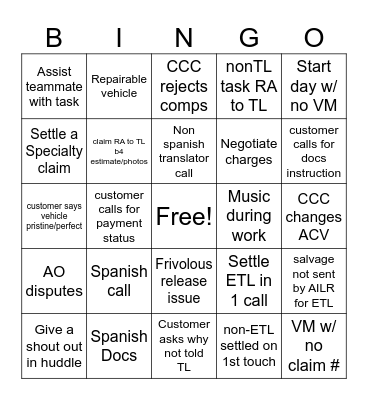 Total Loss Bingo Card
