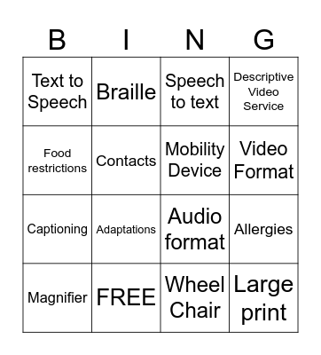 Accessibility Bingo Card