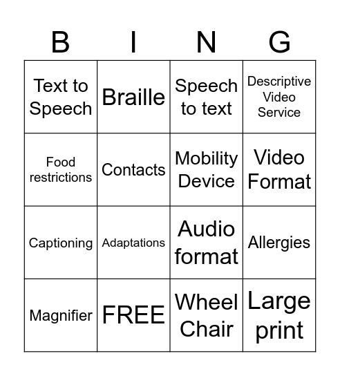 Accessibility Bingo Card