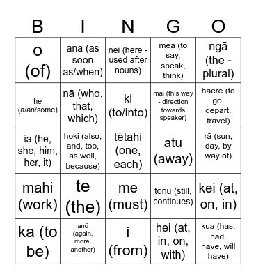 First kupu Bingo Card