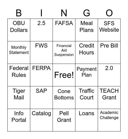 FINANCIAL AID BINGO! Bingo Card