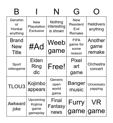 Sony State of Play May 2024 Bingo Card