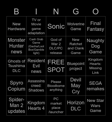 Sony State of Play May 2024 Bingo Card