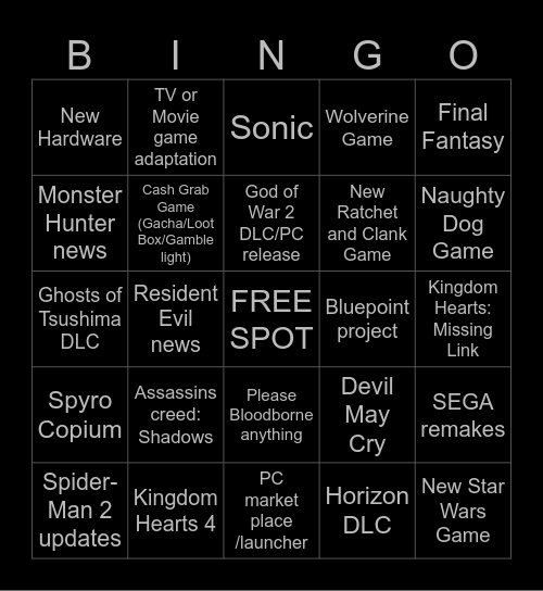 Sony State of Play May 2024 Bingo Card