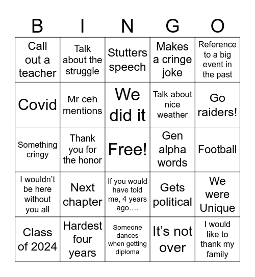 Seneca graduation Bingo Card