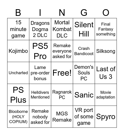 State of Play Bingo Card