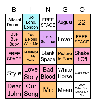 Taylor Swift Bingo Card