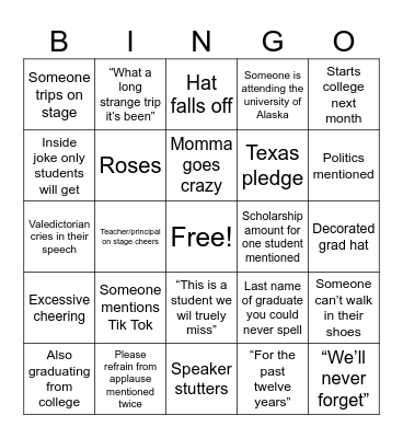 Graduation Bingo Card