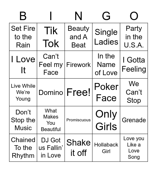 Pop Music Bingo Card