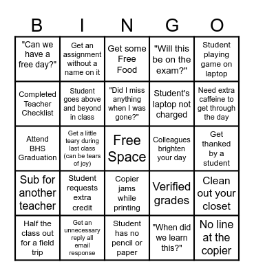 BHS Teacher's End-of-the-Year Bingo Card