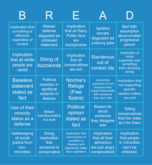 BreadTuber Bingo Card