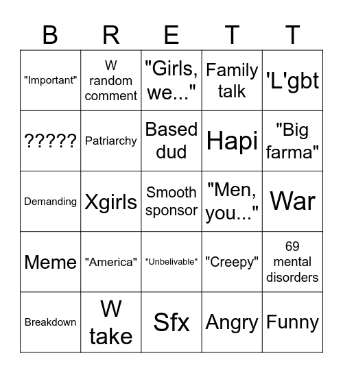 Brett Comment Section Bingo Card