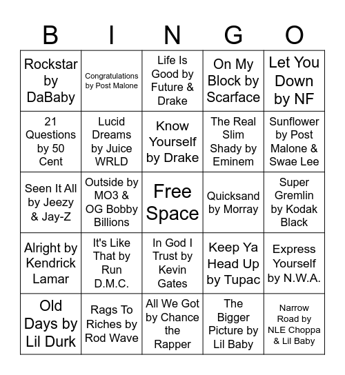 Rap/ Hip-Hop Music Bingo Card