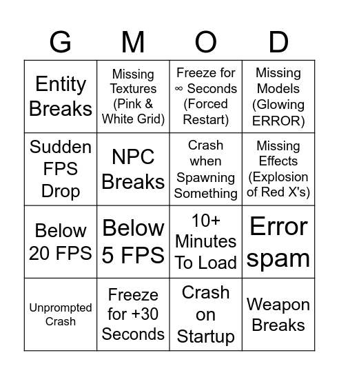 GMOD 500+ Mods Bingo Card