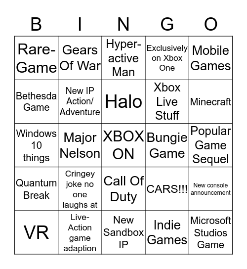 XBOX E3 2016 Bingo Card