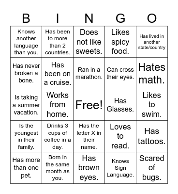 Getting to know you! Bingo Card