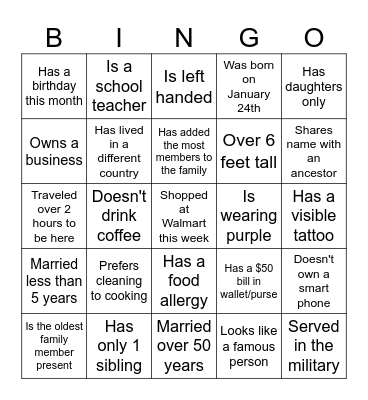 Family Reunion Bingo Card