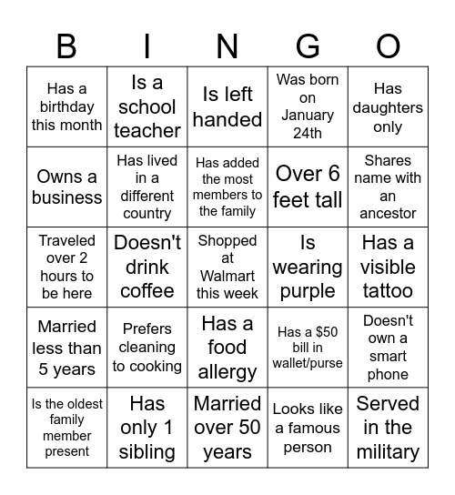 Family Reunion Bingo Card