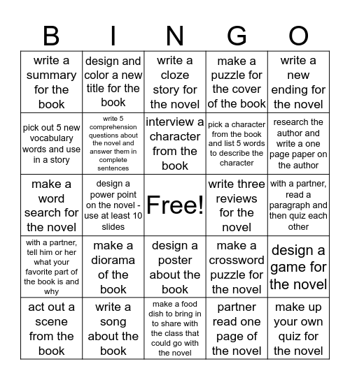 Novel Bingo  Bingo Card