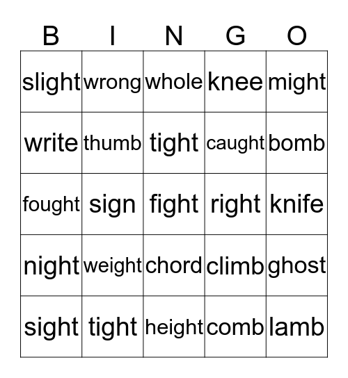 Silent letters: gh/ w/ b/ g/ k Bingo Card