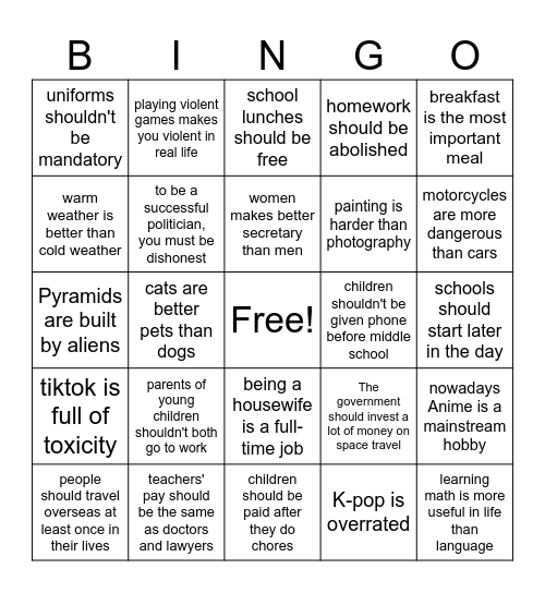 Agree/Disagree bingo! Bingo Card