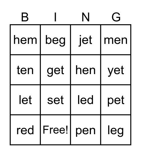 Short Vowel e Bingo Card