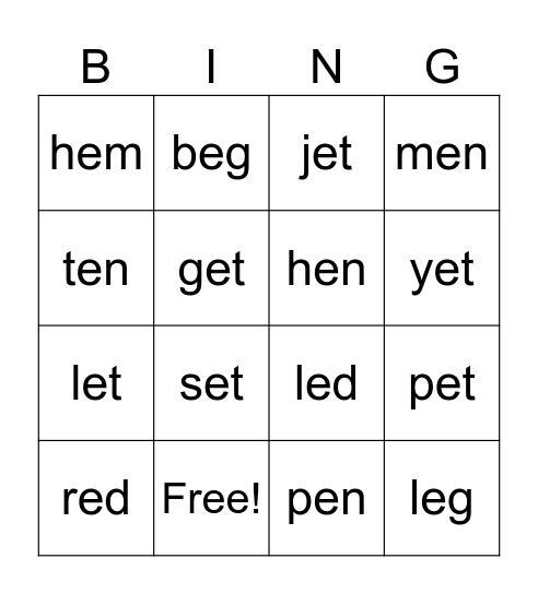 Short Vowel e Bingo Card