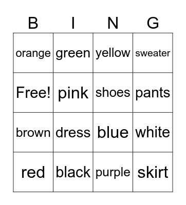 Color and Clothes Bingo Card
