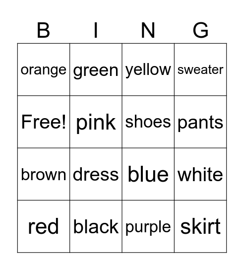 Color and Clothes Bingo Card