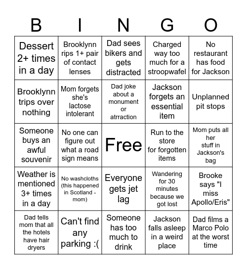 Amsterdam Trip Bingo Card