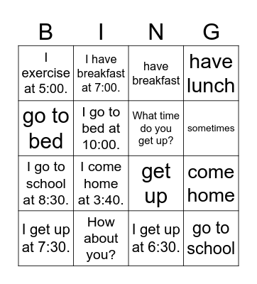6. I get up at 5. Bingo Card