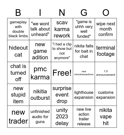 tarkov tv Bingo Card