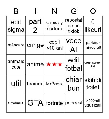 Shorts Bingo romania Bingo Card