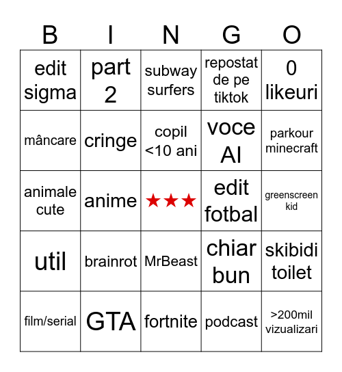 Shorts Bingo romania Bingo Card