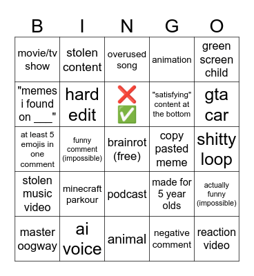youtube shorts bingo Card
