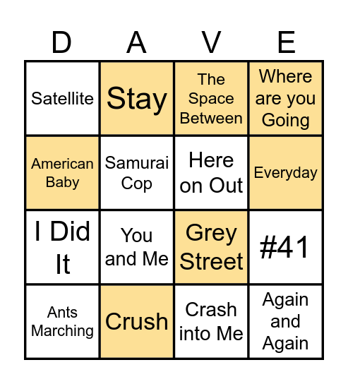 Dave Matthews Bingo Card