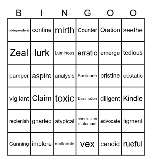 6th Grade Vocab Bingo Card