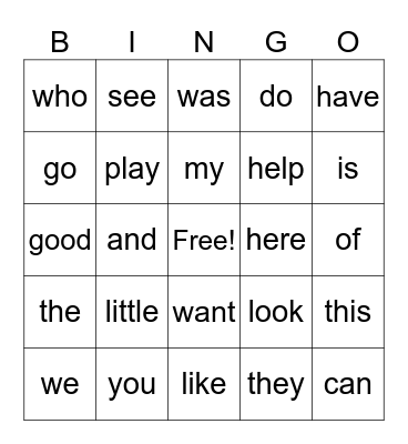 Sight Words Bingo Card