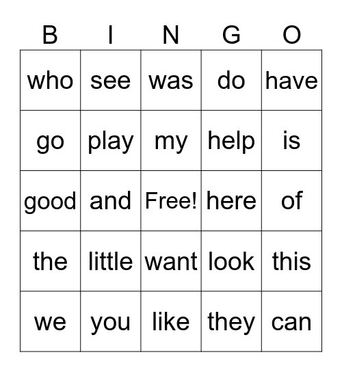 Sight Words Bingo Card